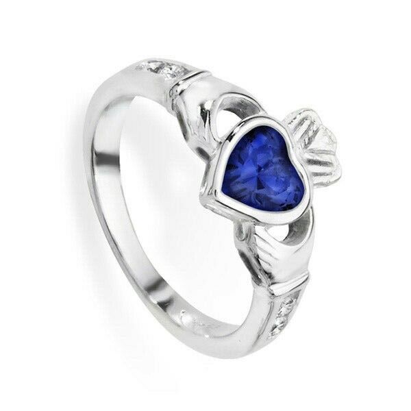 J R Jewellery Irish Claddagh Ring with Heart-Shaped Blue Stone and Traditional Hands Design