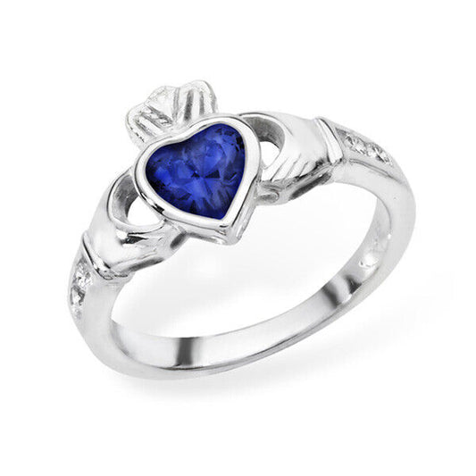 Silver Irish Claddagh Ring with Blue Heart Stone and Detailed Hand Design for Unique Style