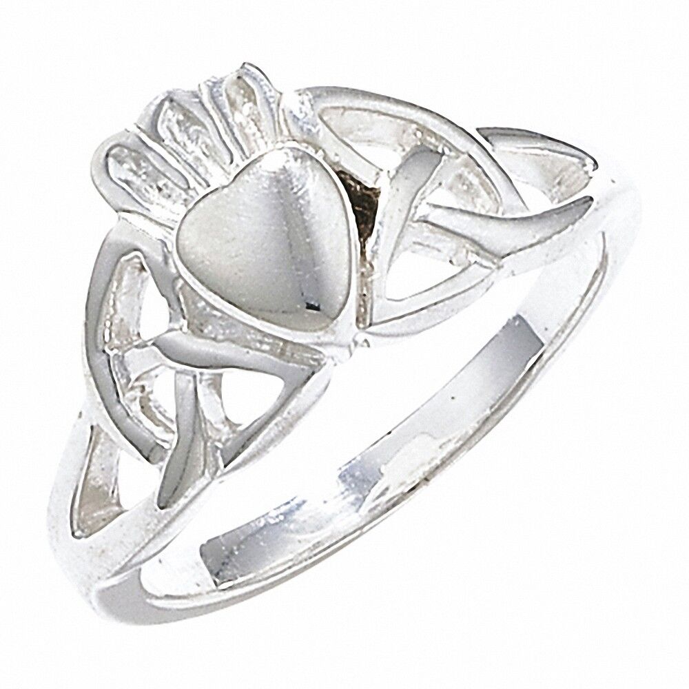Elegant silver Irish Claddagh Ring featuring a heart design with hands and crown detail