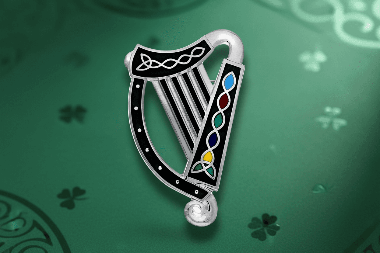 J R Jewellery Irish Harp Brooch Silver Plated Celtic Design