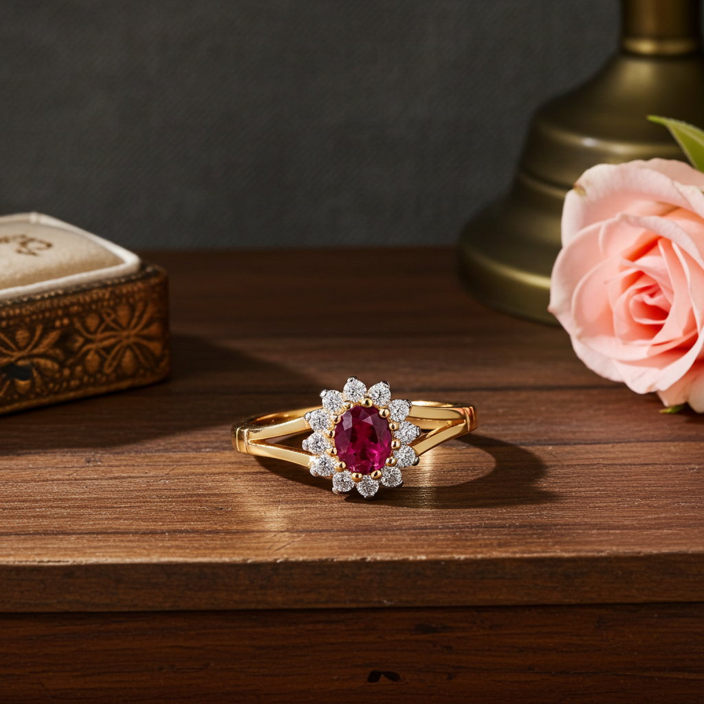 18ct Gold Ruby Cluster Ring featuring a central ruby and diamond accents for an elegant look
