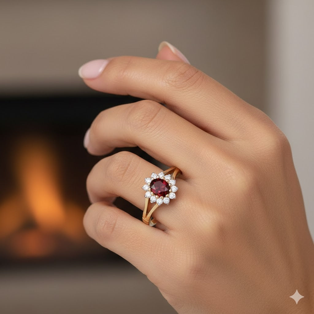 Elegant 18ct Gold Ruby Cluster Ring featuring a central ruby and sparkling diamonds