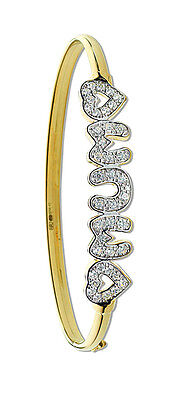 9ct yellow gold mum bangle with heart-shaped accents and sparkling embellishments