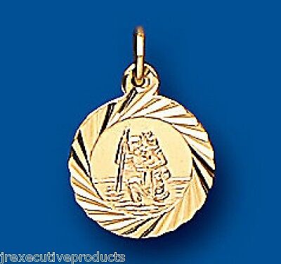 J R Jewellery gold St Christopher pendant round engraved medallion with sunburst border and saint carrying child