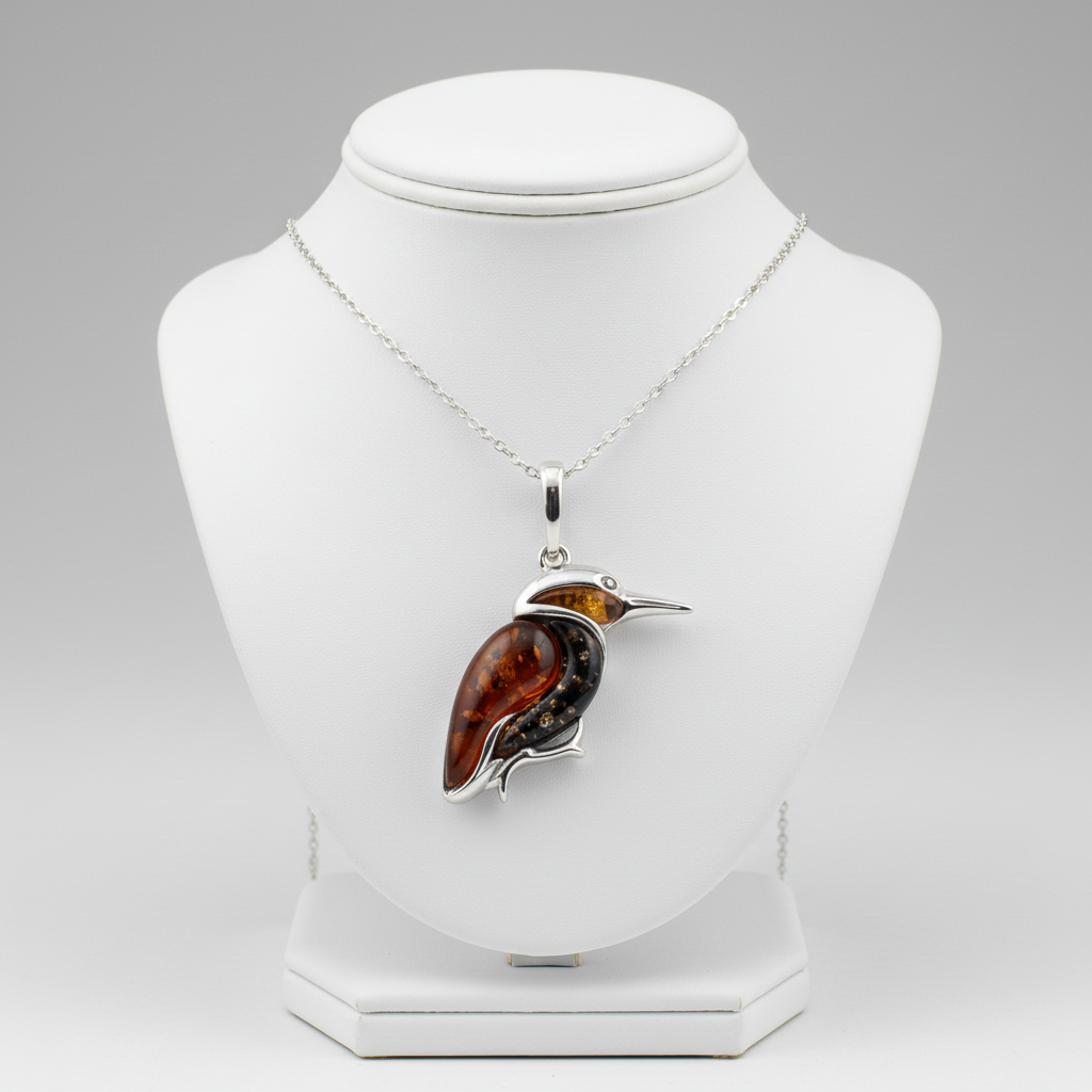 J R Jewellery Silver Necklace with Kingfisher Bird Pendant, showcasing intricate detailing and vibrant colours