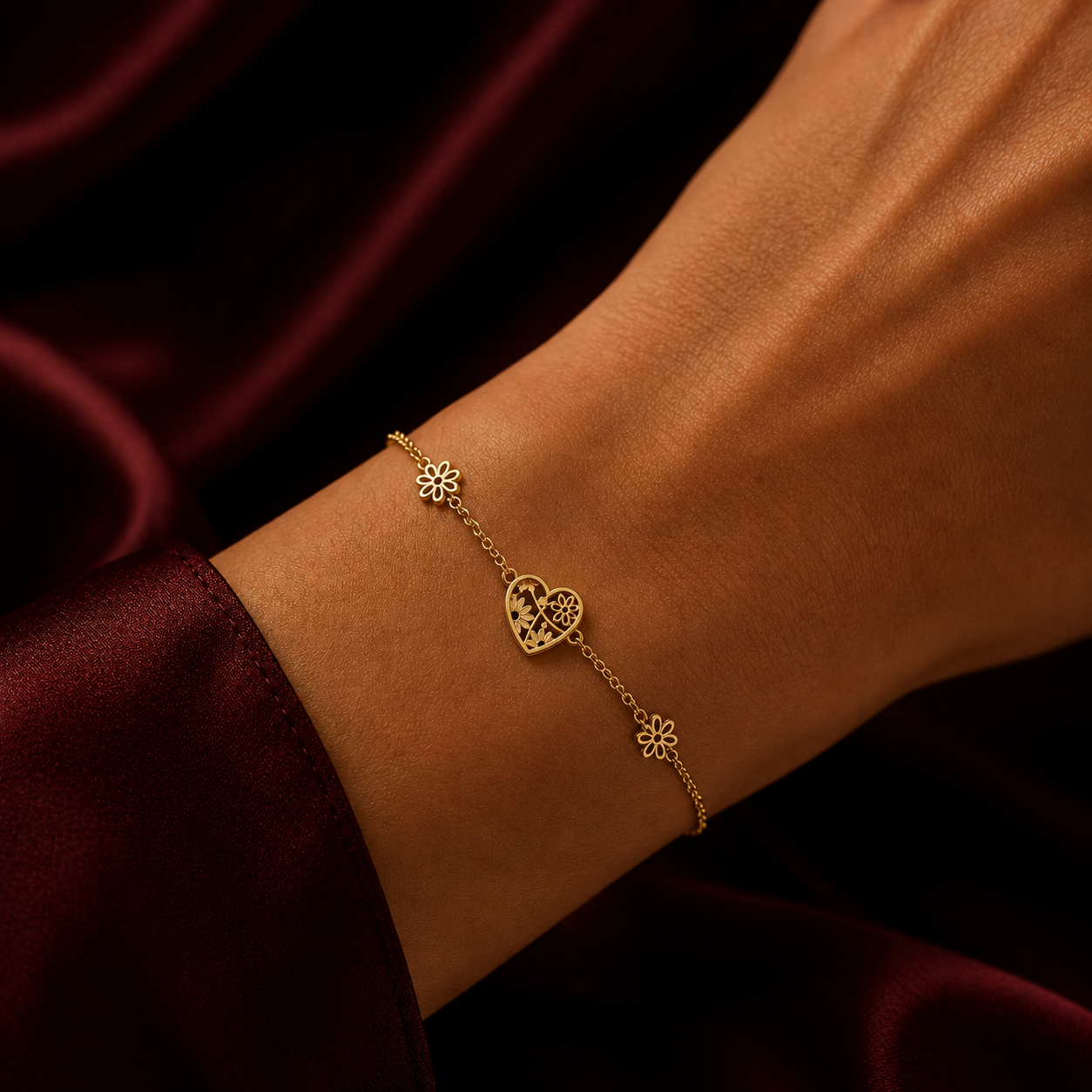 Ladies Floral Heart Bracelet by J R Jewellery elegantly displayed on a wrist against a rich backdrop