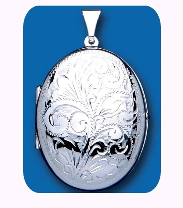 Large oval family locket photo locket UK in silver with intricate floral engraving by J R Jewellery