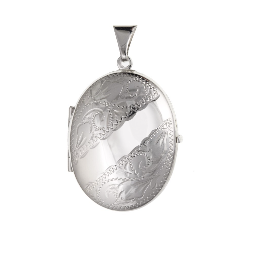 Large Oval Family Locket in silver with intricate engraved floral patterns for personalised keepsakes