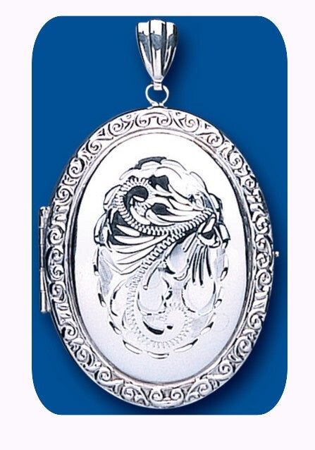 Large Oval Family Locket from J R Jewellery with intricate engraved design and polished silver finish
