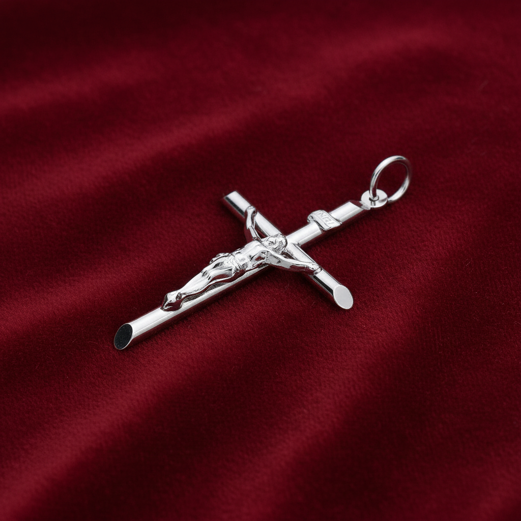 Large Plain Crucifix Pendant in Silver, elegant design on a rich burgundy fabric background