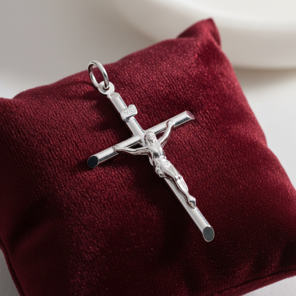 Large Plain Crucifix Pendant from J R Jewellery displayed on a plush cushion