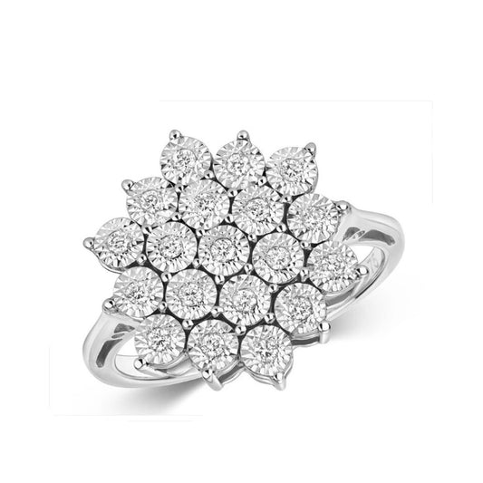 Real Diamond Ring Large Cluster 9ct White Gold Engagement 0.20ctw Size J - Q