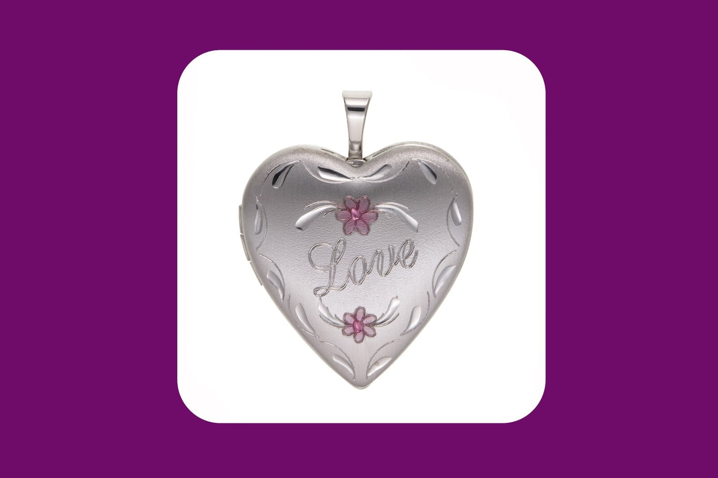 J R Jewellery Love Heart Locket with floral design and engraved Love text in silver
