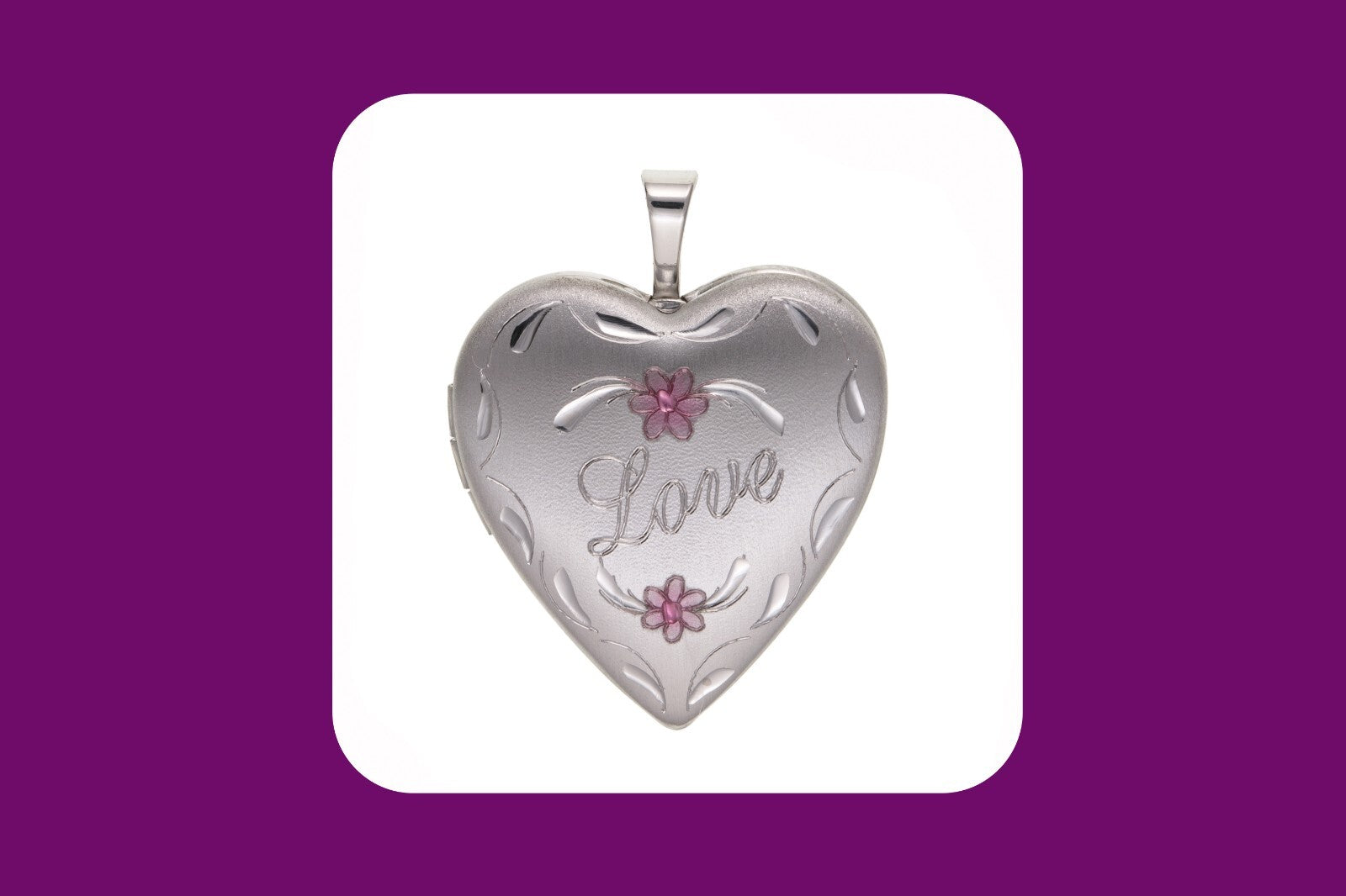 J R Jewellery Love Heart Locket with floral design and engraved Love text in silver