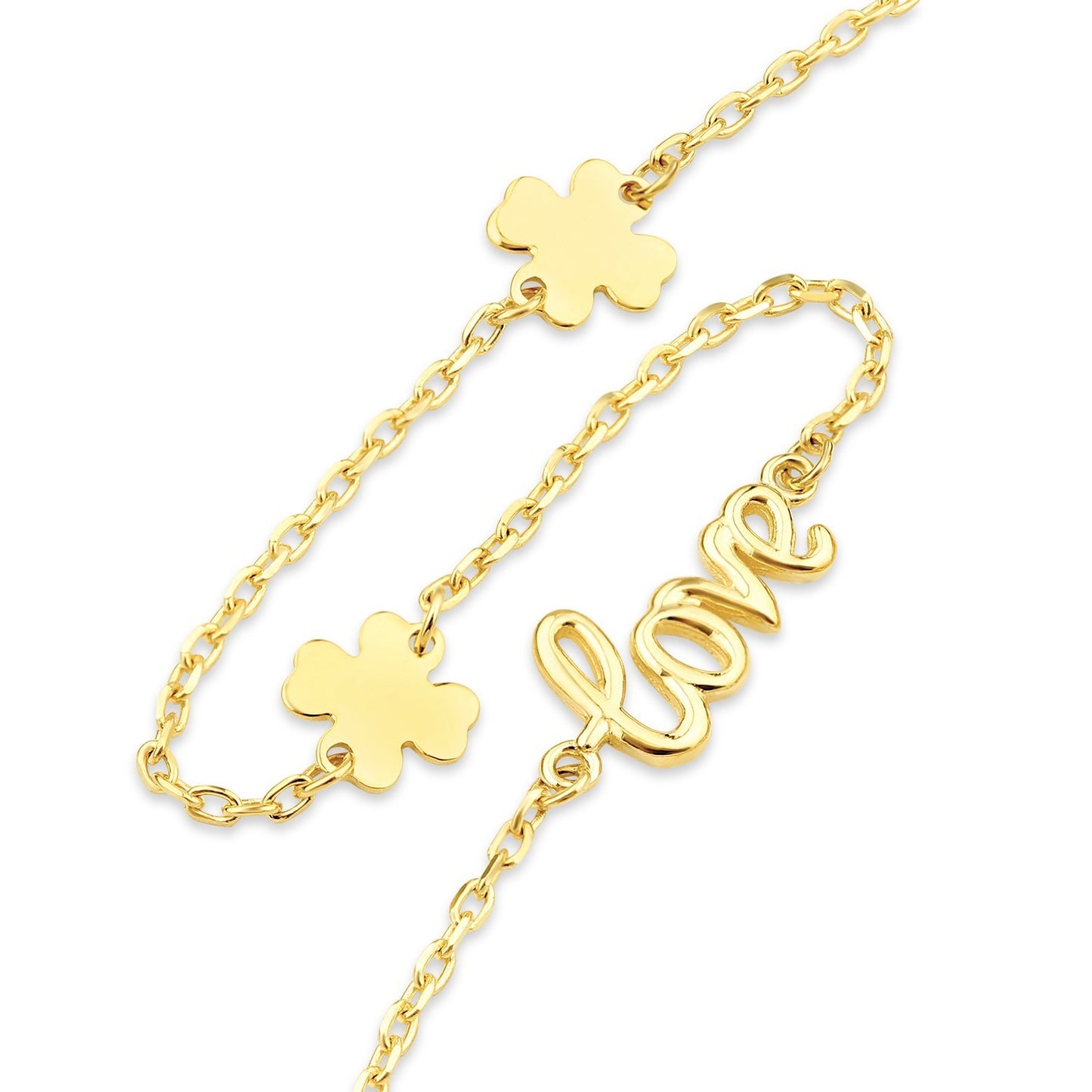 Love Script Four-Leaf Clover Gold Bracelet by J R Jewellery, featuring a delicate chain and charming clover design