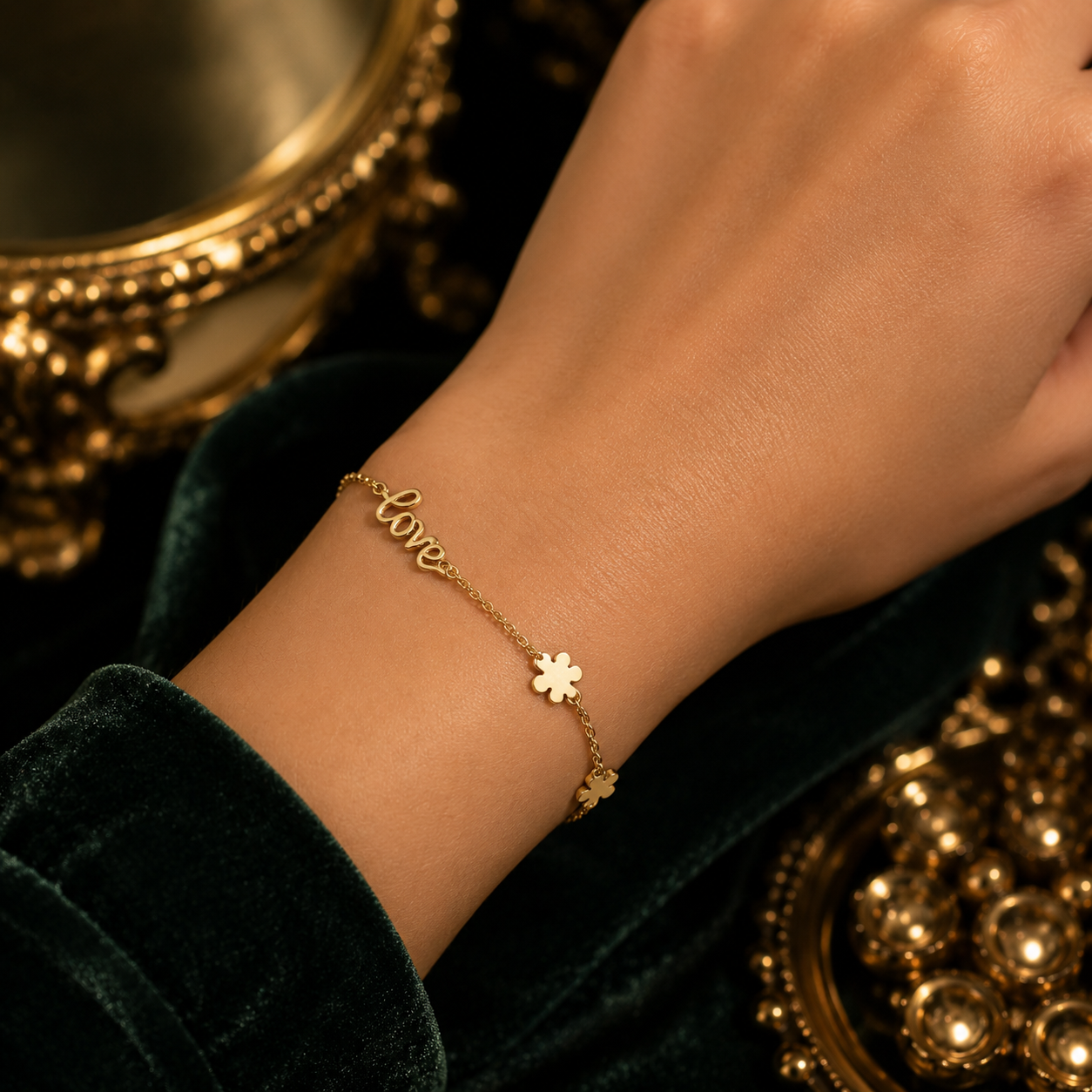 Love Script Four-Leaf Clover Gold Bracelet on a wrist surrounded by elegant decor