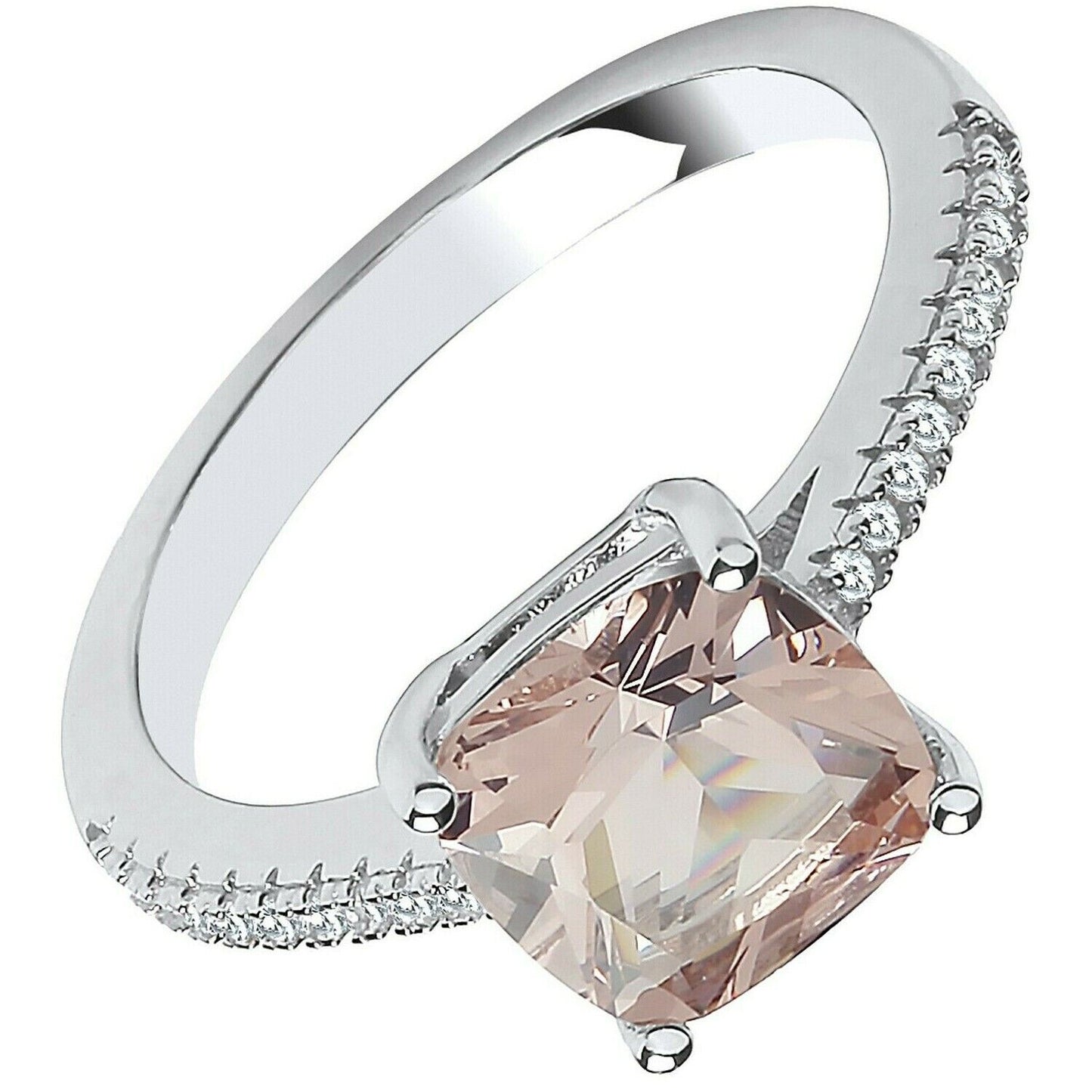 J R Jewellery morganite cushion solitaire ring with pale pink cushion cut stone on silver band with pave diamonds