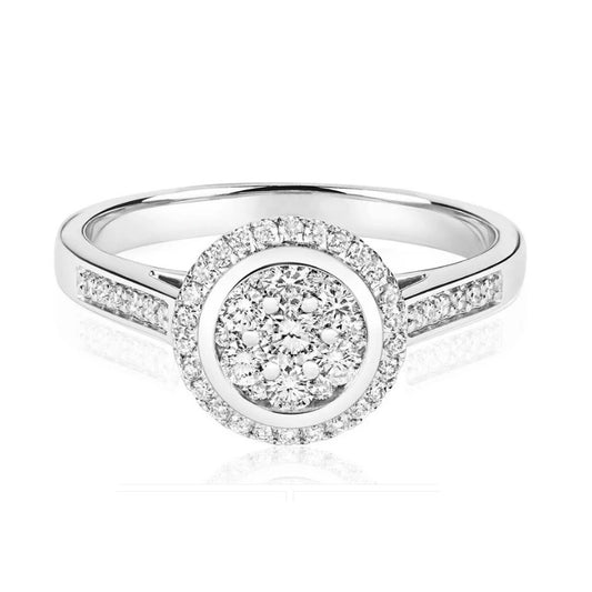 J R Jewellery real diamond halo engagement ring in white gold with round cluster and pave band