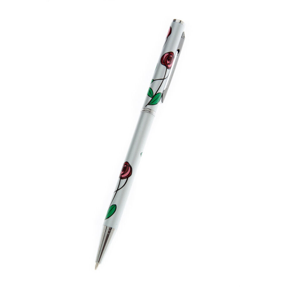 Elegant mackintosh rose ballpoint pen with silver body and red rose design by J R Jewellery