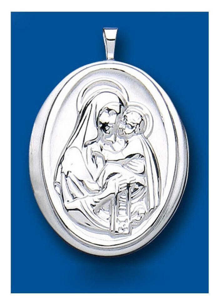 Madonna and Child Oval Locket in polished silver with intricate detailing of Mary and Jesus