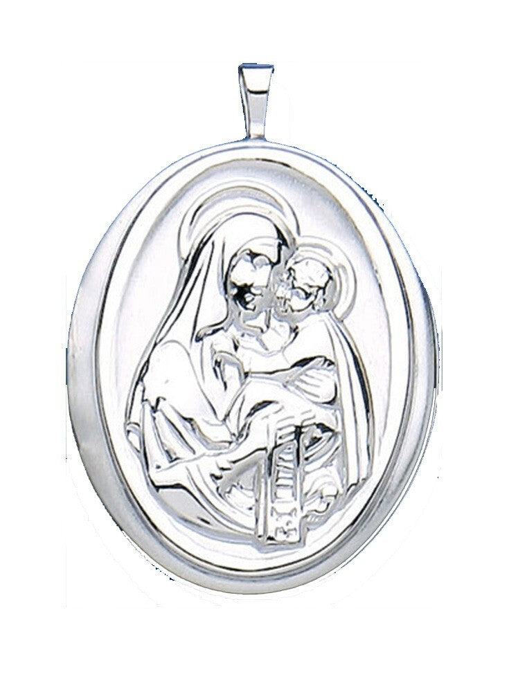 Madonna and Child Oval Locket in polished silver featuring intricate detailing