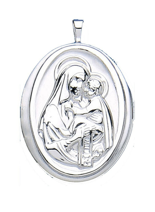 Madonna and Child Oval Locket in polished silver featuring intricate detailing