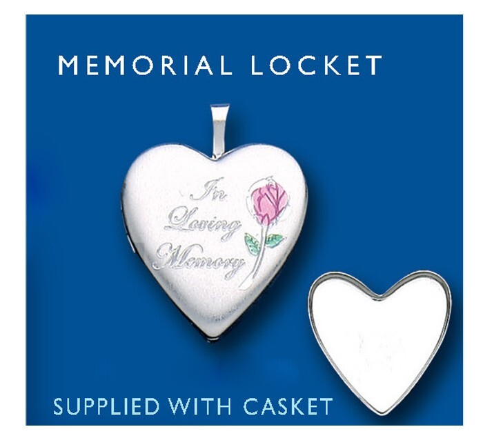 J R Jewellery Memorial Heart Locket engraved with a rose, supplied with a casket for cherished memories