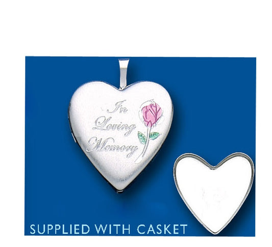 Silver Memorial Heart Locket engraved with a rose and the words In Loving Memory, supplied with a casket