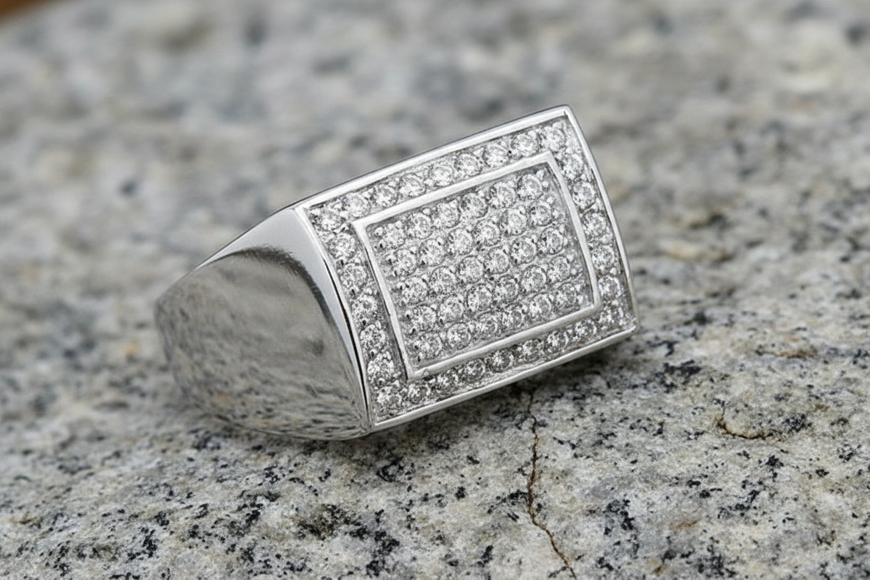 Stylish men's sterling silver signet ring with sparkling cubic zirconia detail