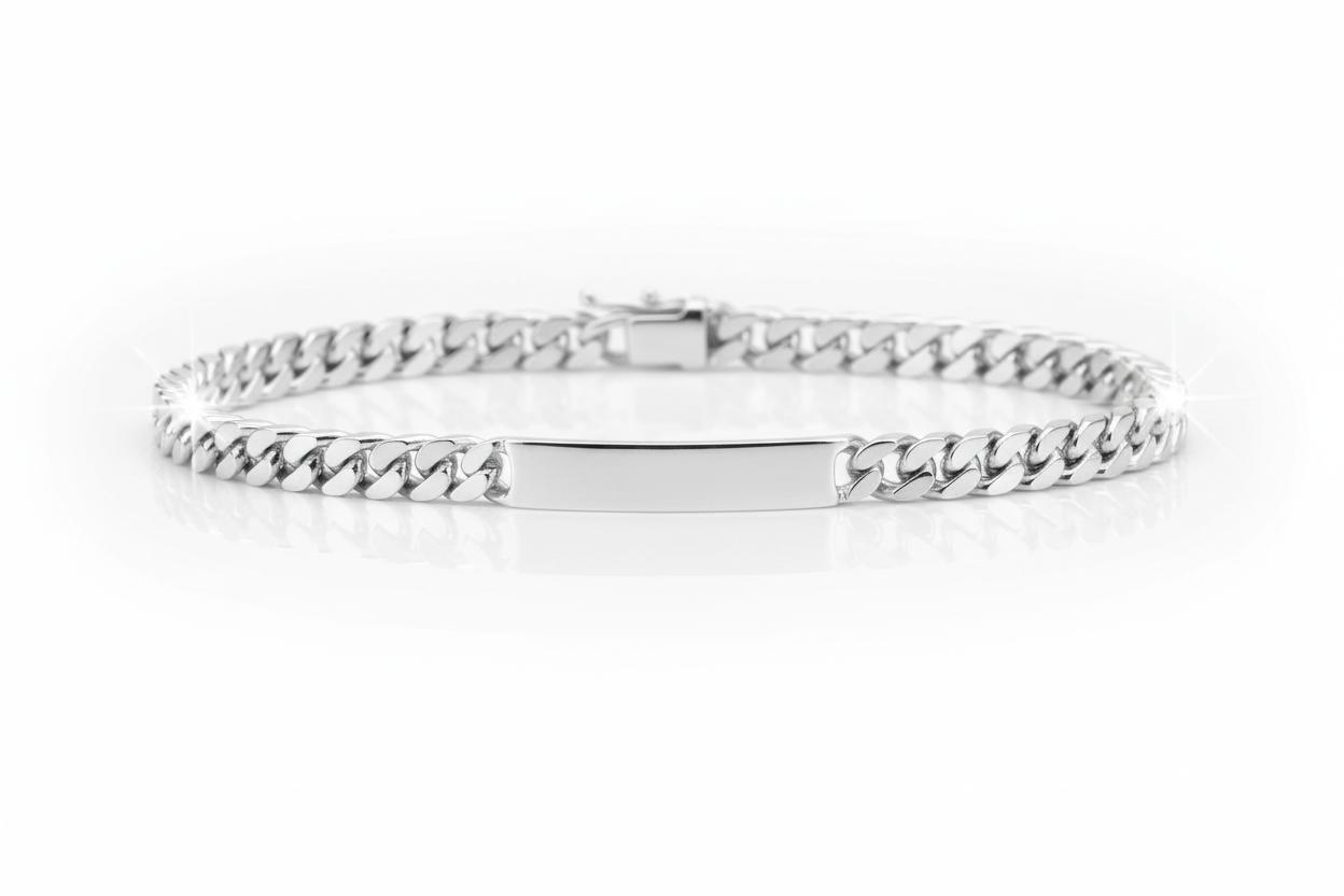 A sterling silver identity bracelet for men with a length of 8 inches and a width of 6mm, hallmarked and approximately weighing 20 grams.