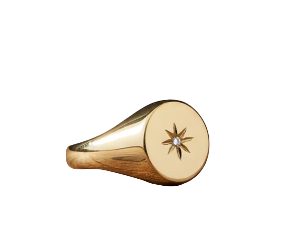 Mens 18ct Gold Oval Signet Ring with a star design and polished finish from J R Jewellery