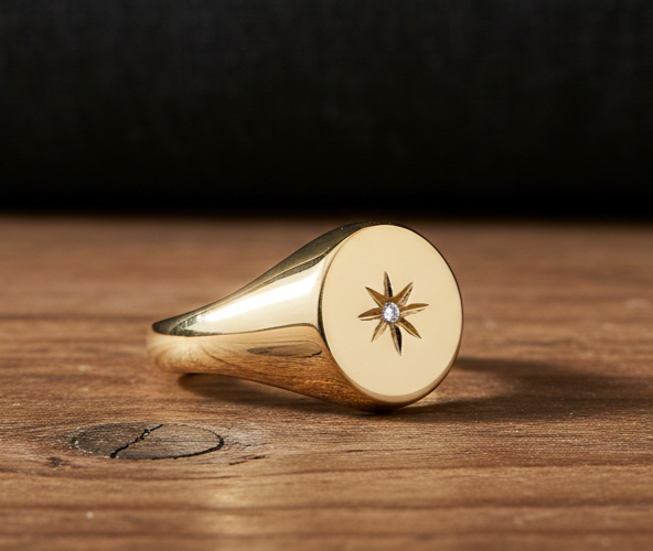 Mens 18ct Gold Oval Signet Ring with a star design and a diamond detail on a wooden surface