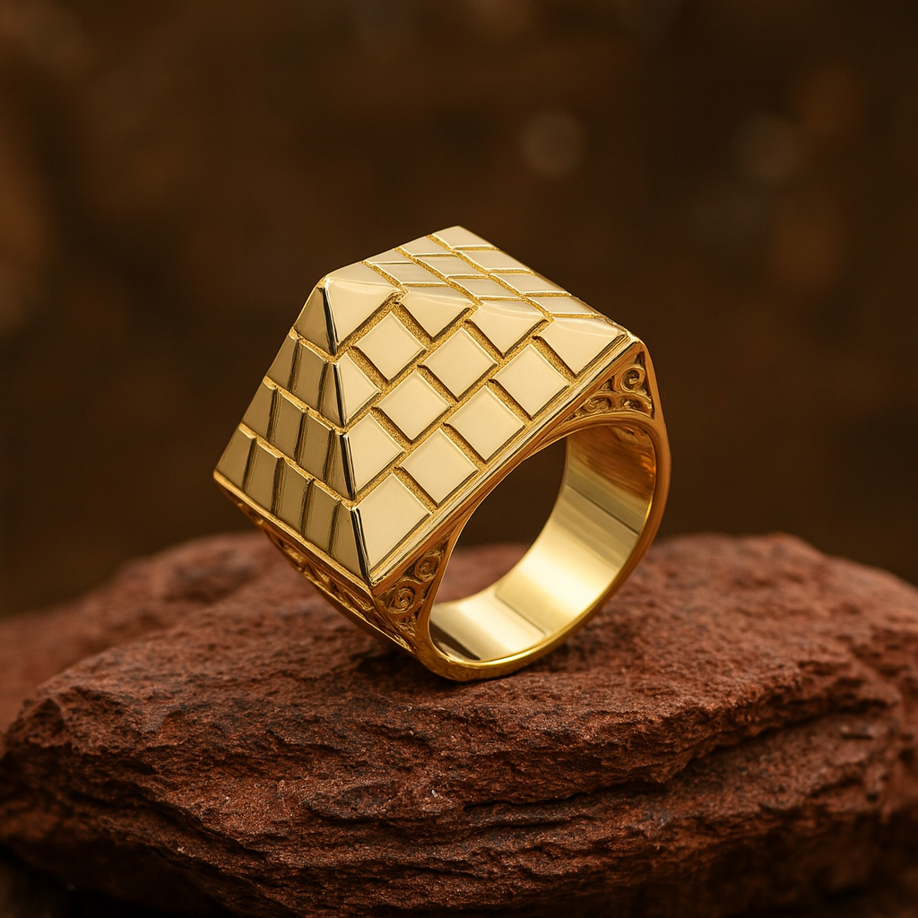 Mens 18ct Gold Pyramid Ring on Solid Sterling Silver with Intricate Design and Unique Shape