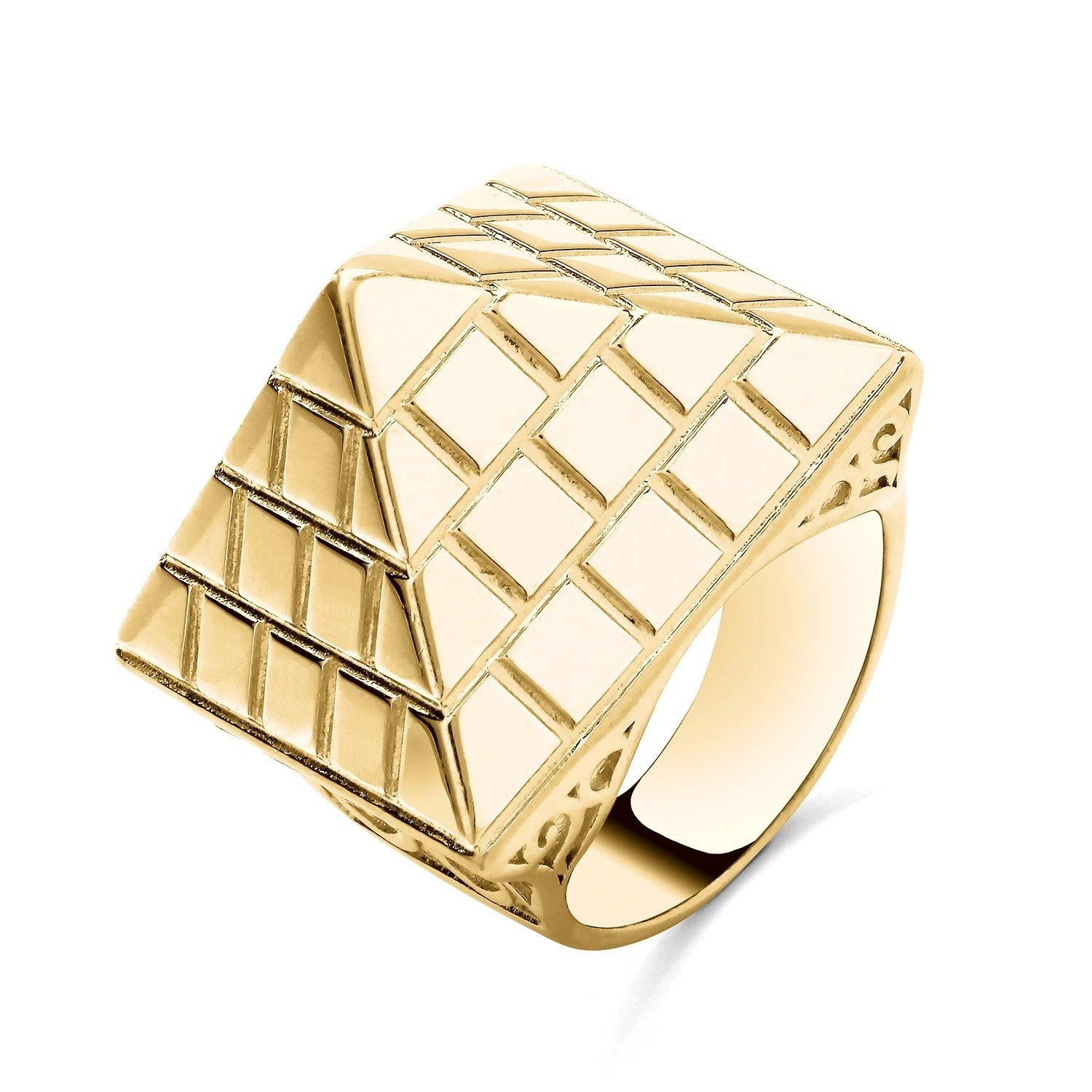 Mens 18ct Gold Pyramid Ring on Solid Sterling Silver with intricate pyramid design and polished finish