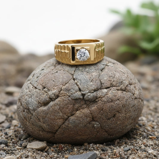 Mens 18ct Gold Solitaire Ring featuring a sparkling central diamond on a textured band