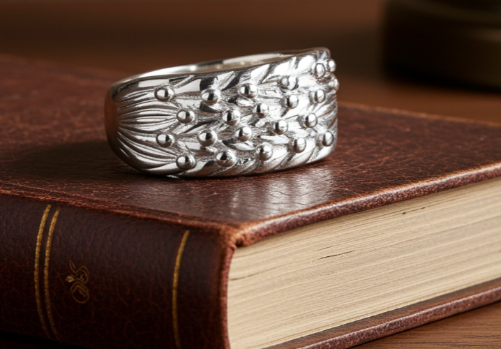 Mens 4 Row Keeper Ring in Silver with Intricate Textured Design on Wood Surface