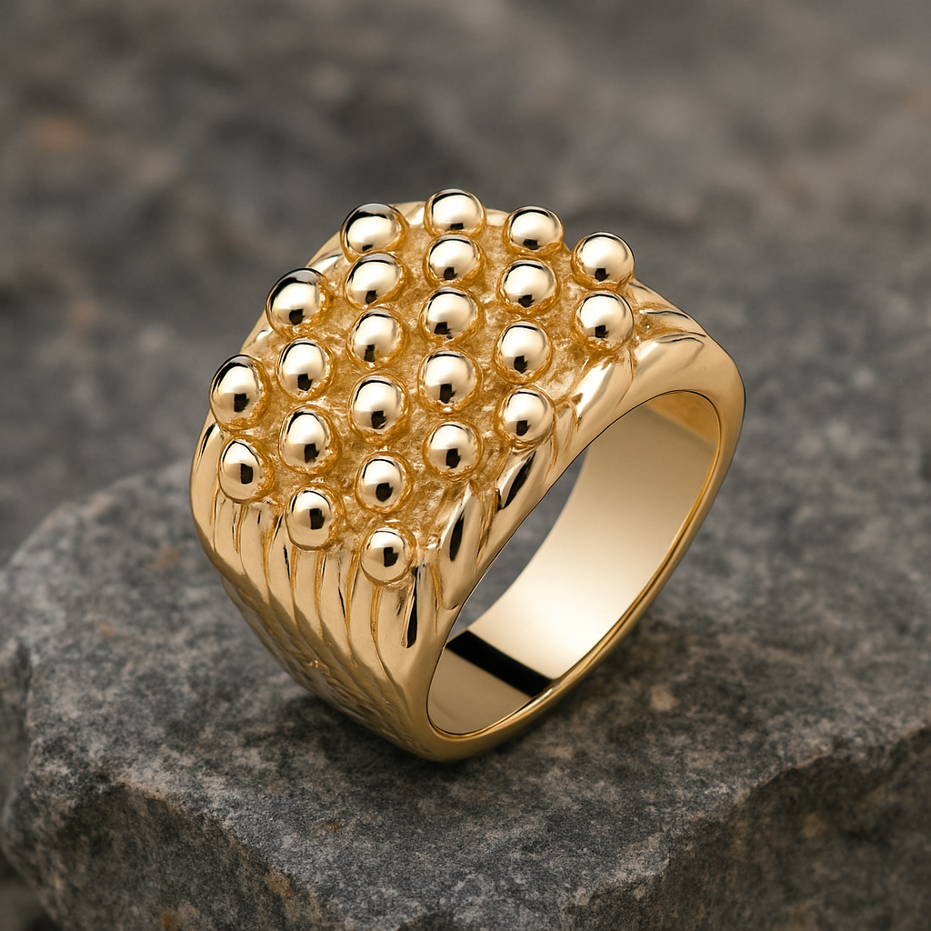 Mens 5 Row Heavy Keeper Ring in Gold with Textured Design and Beaded Accents