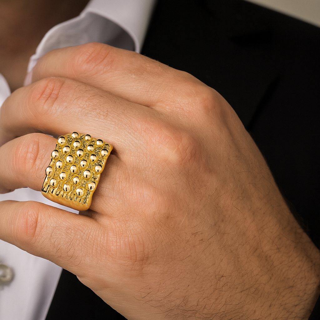 Stylish Mens 5 Row Heavy Keeper Ring in Gold with Textured Detail on a Hand