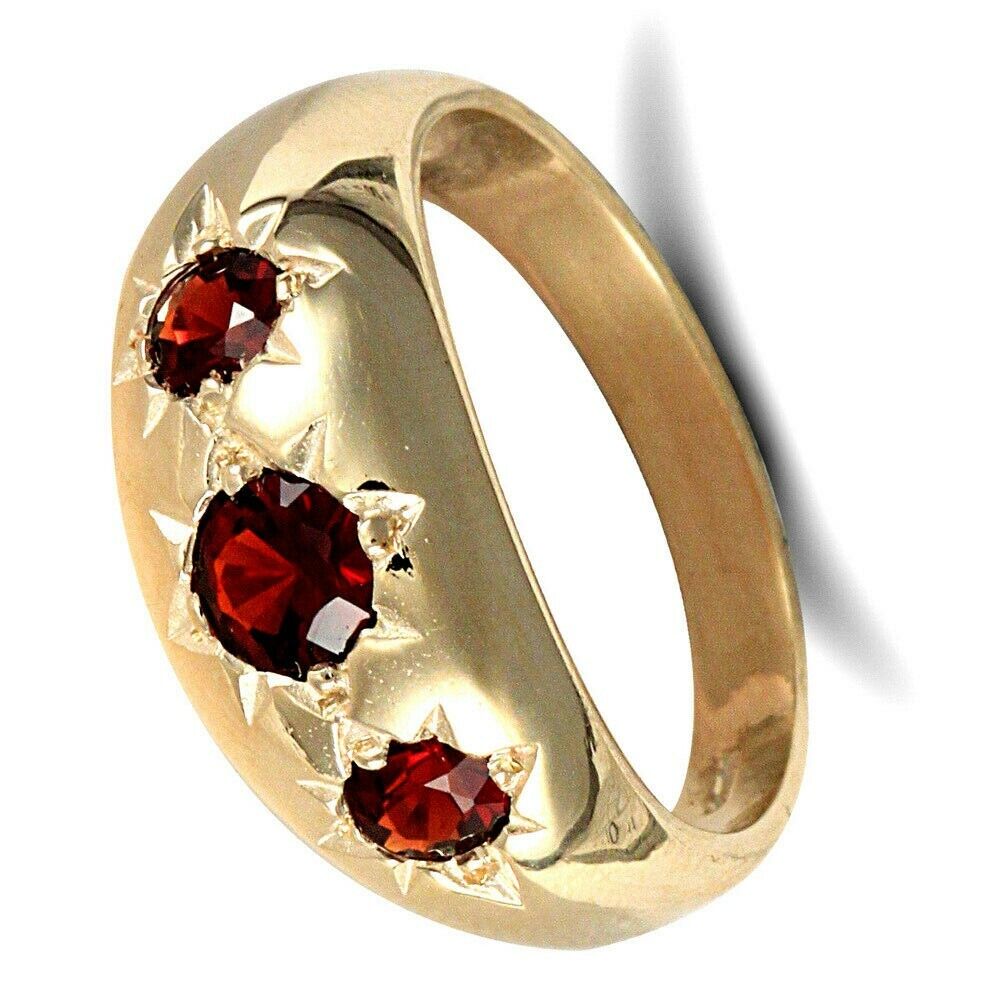 J R Jewellery men's 9ct gold garnet ring with three deep red garnet stones set in polished gold band