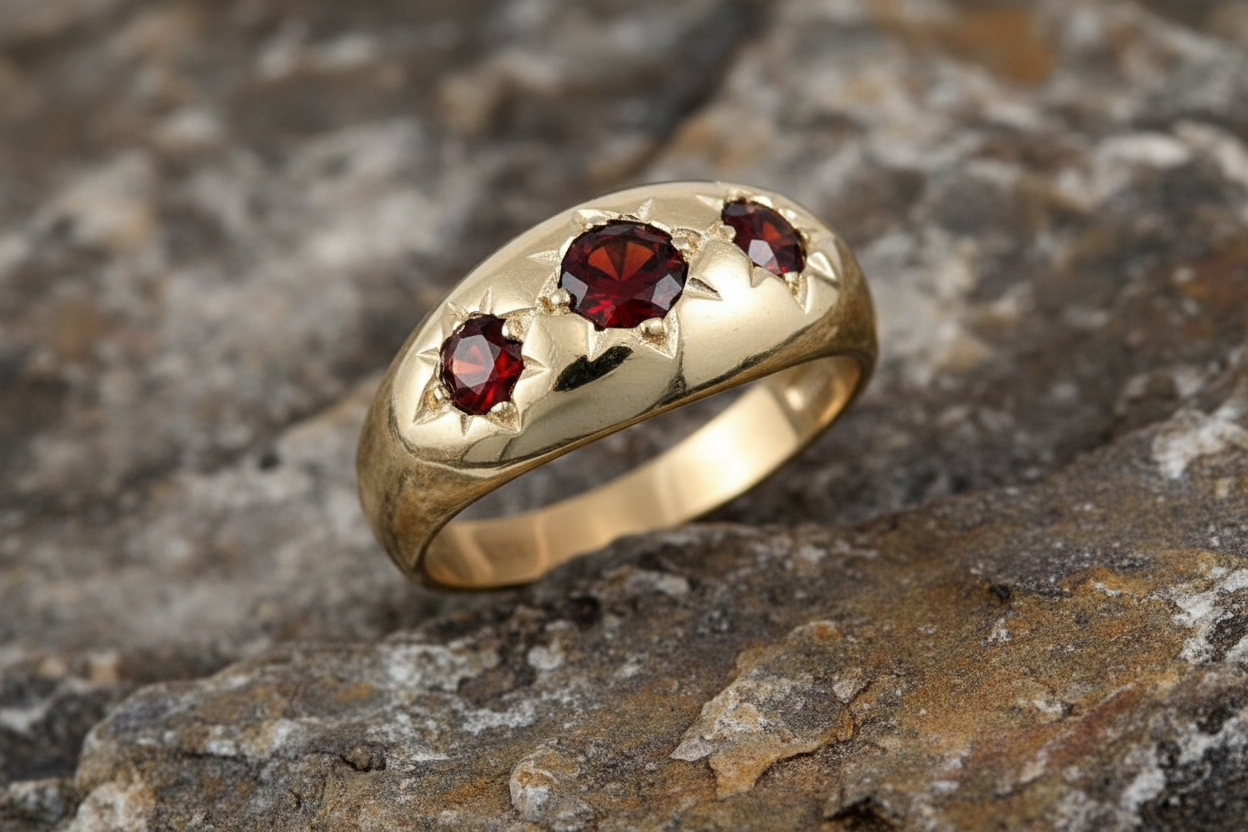 Men's 9ct Gold Garnet Ring Three Stone Design