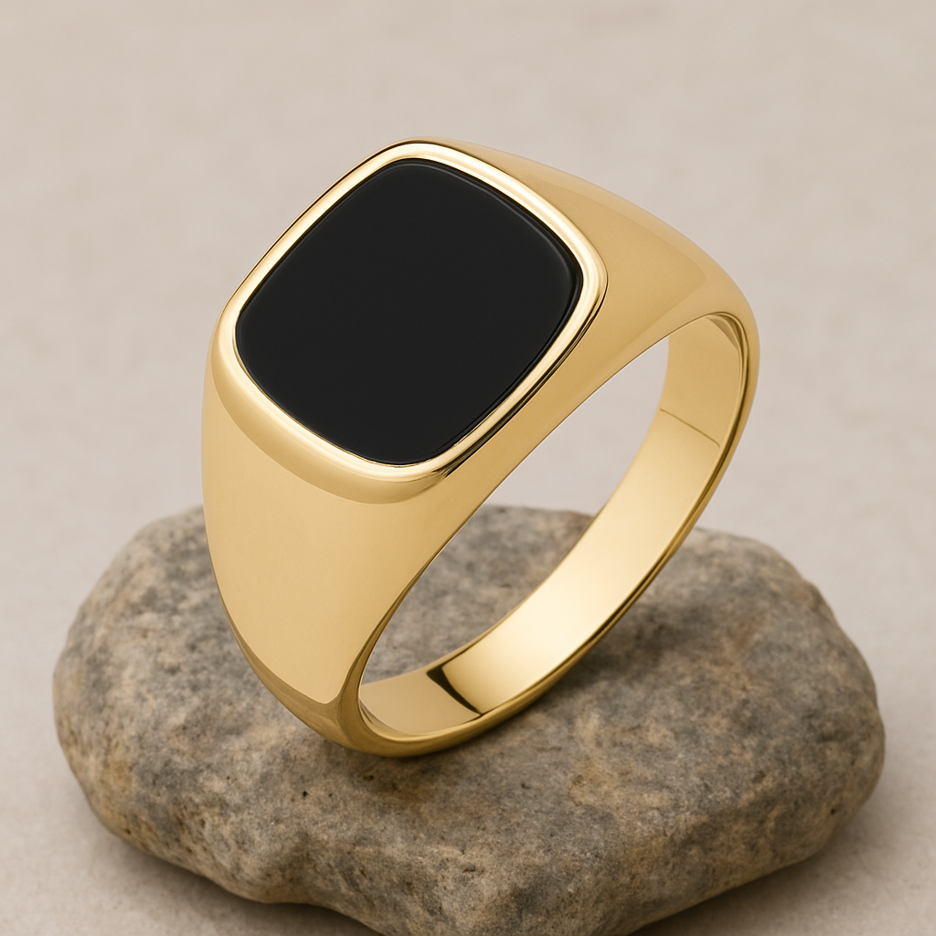 Mens Black Onyx Signet Ring in Gold Finish on a Natural Stone for Elegant Style