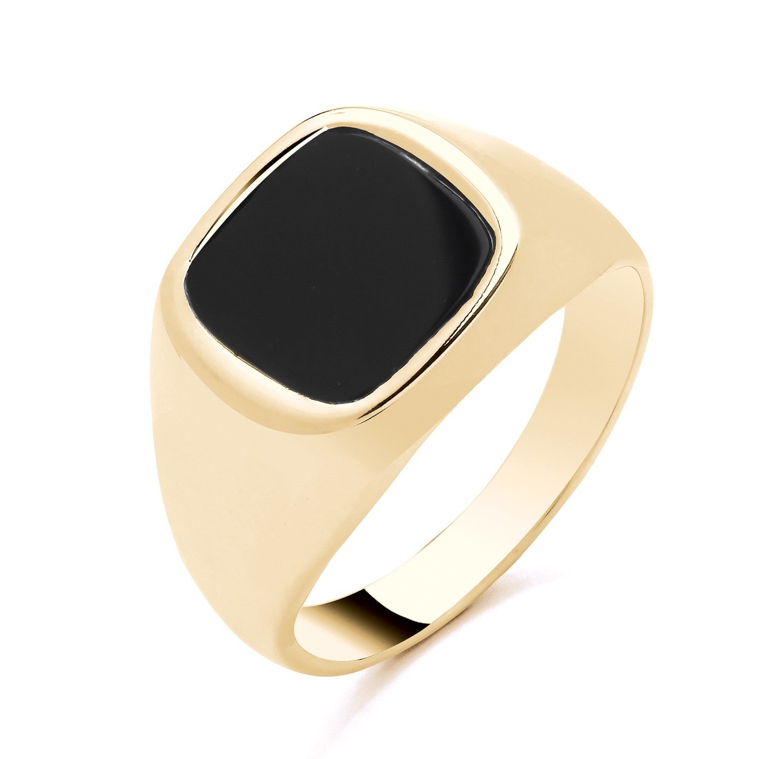 Mens Black Onyx Signet Ring in polished gold setting with smooth black onyx stone