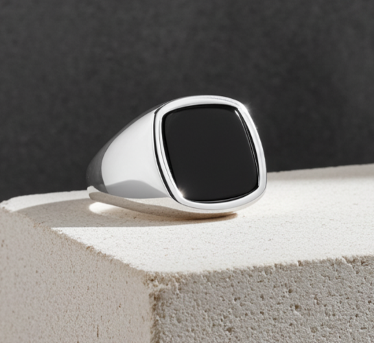 Mens Black Onyx Signet Ring with a polished silver band and square black stone