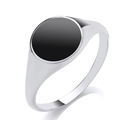 Men's black onyx signet ring by J R Jewellery with polished silver band and smooth black stone