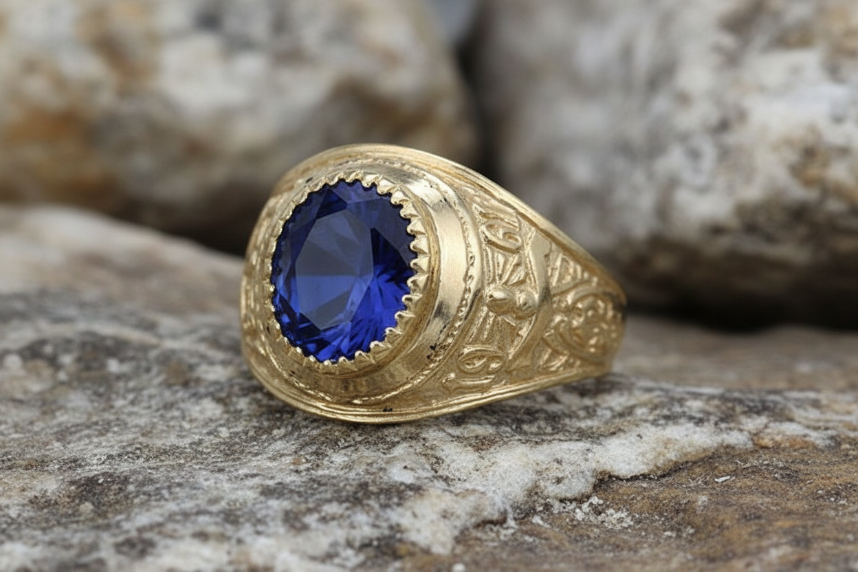 Solid Gold College Ring Graduation University Men's Blue Stone Heavy Hallmarked