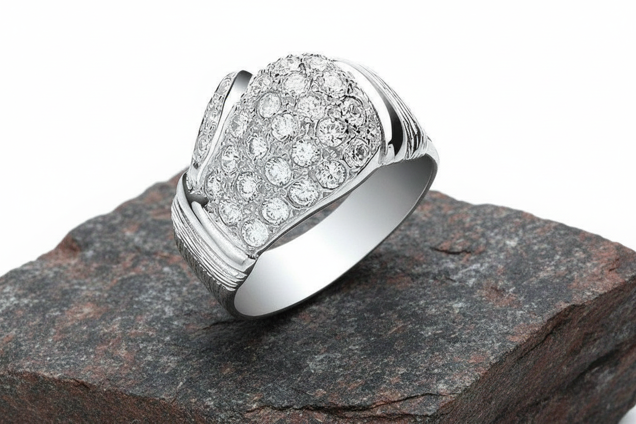 Mens Boxing Glove Ring Solid Sterling Silver with Sparkling Stone Detail on a Slate Background