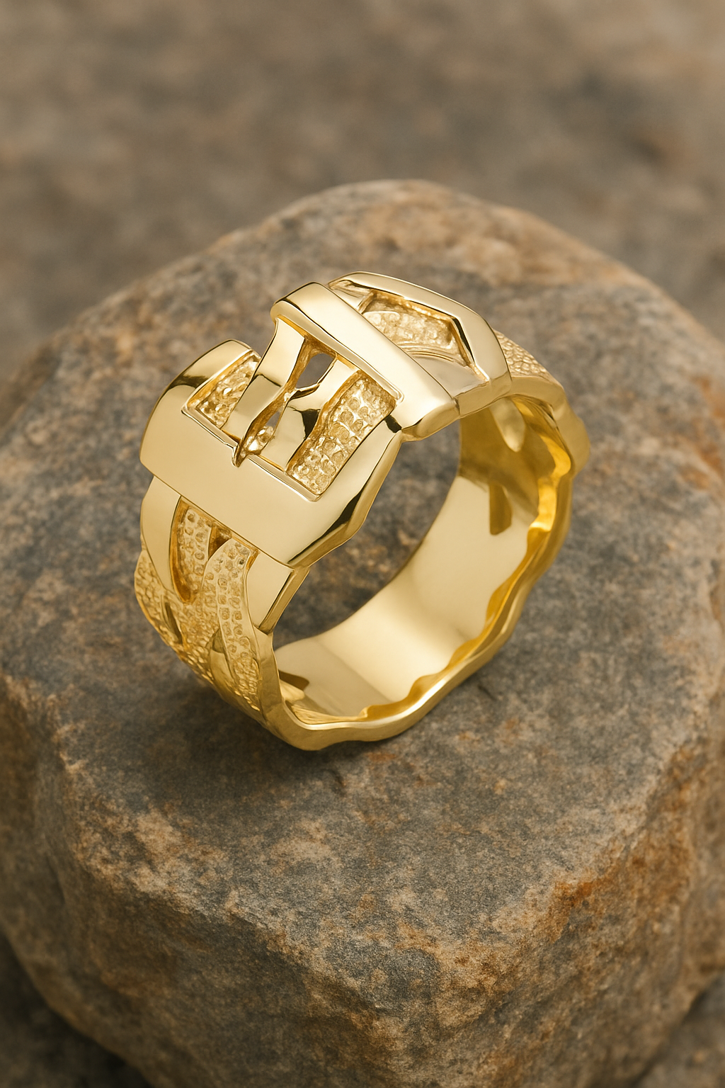 Gold Men's Buckle Ring with Textured Band and Stylish Design on a Stone Surface