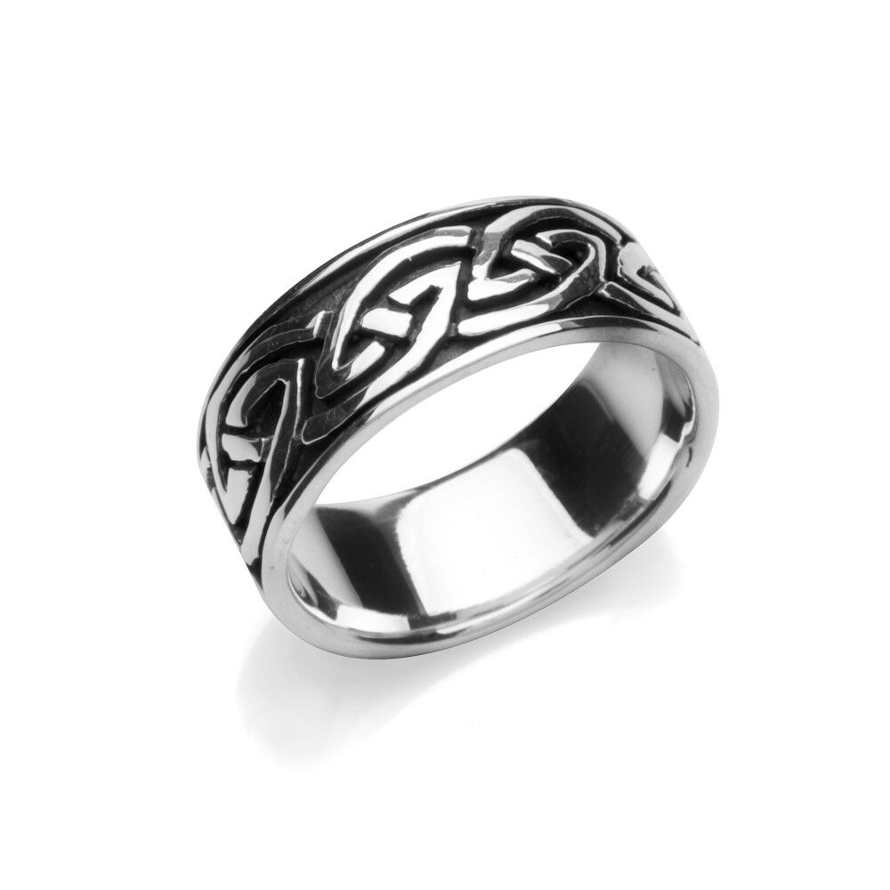 Mens Celtic Knot Band Ring in polished silver with intricate knot design for a timeless look