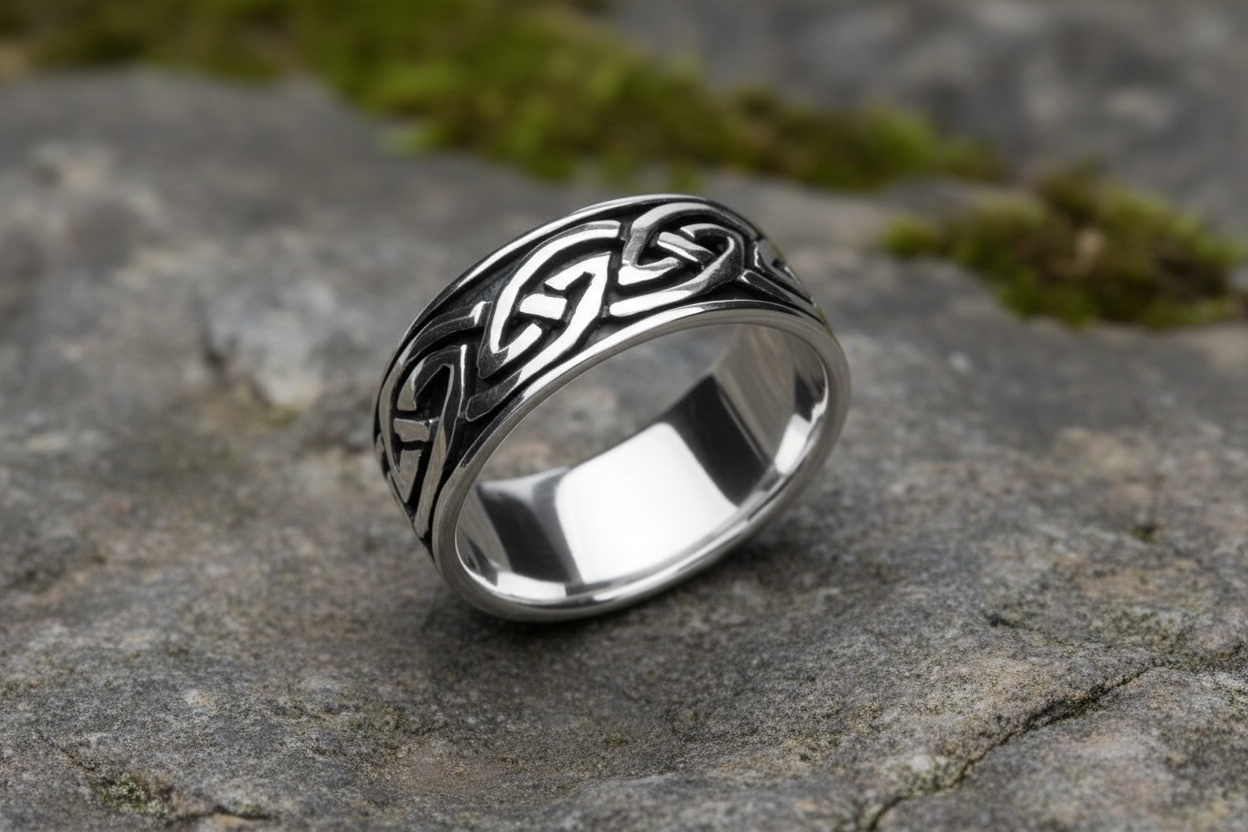 Mens Celtic Knot Band Ring in Silver with Intricate Celtic Design on a Natural Stone Surface