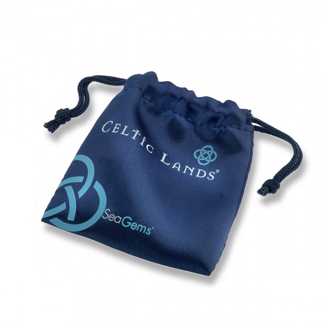 Elegant navy pouch featuring Celtic Lands logo for storing Mens Celtic Knot Band Ring safely